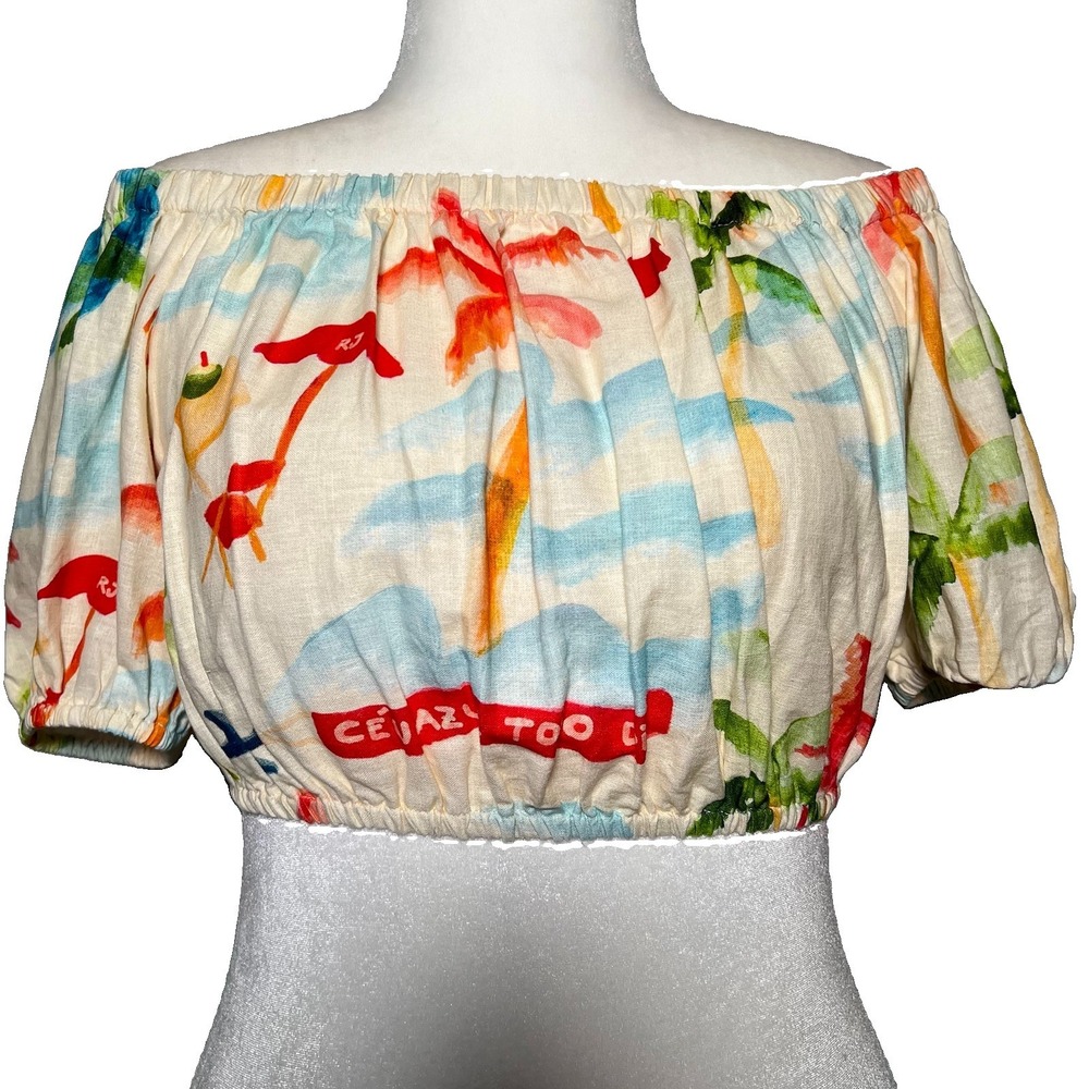 Farm Rio Copacabana Coastal Tropical Crop Top M Off Shoulder Linen Resort Beach
